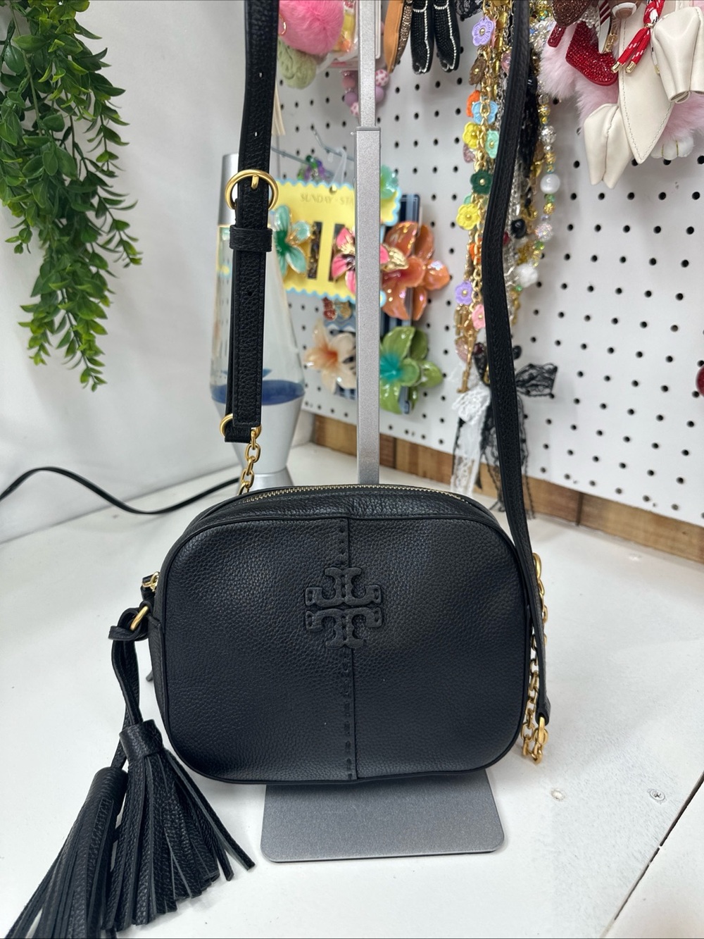 Tory Burch McGraw Crossbody tassle bag black pebbled leather Double T logo.